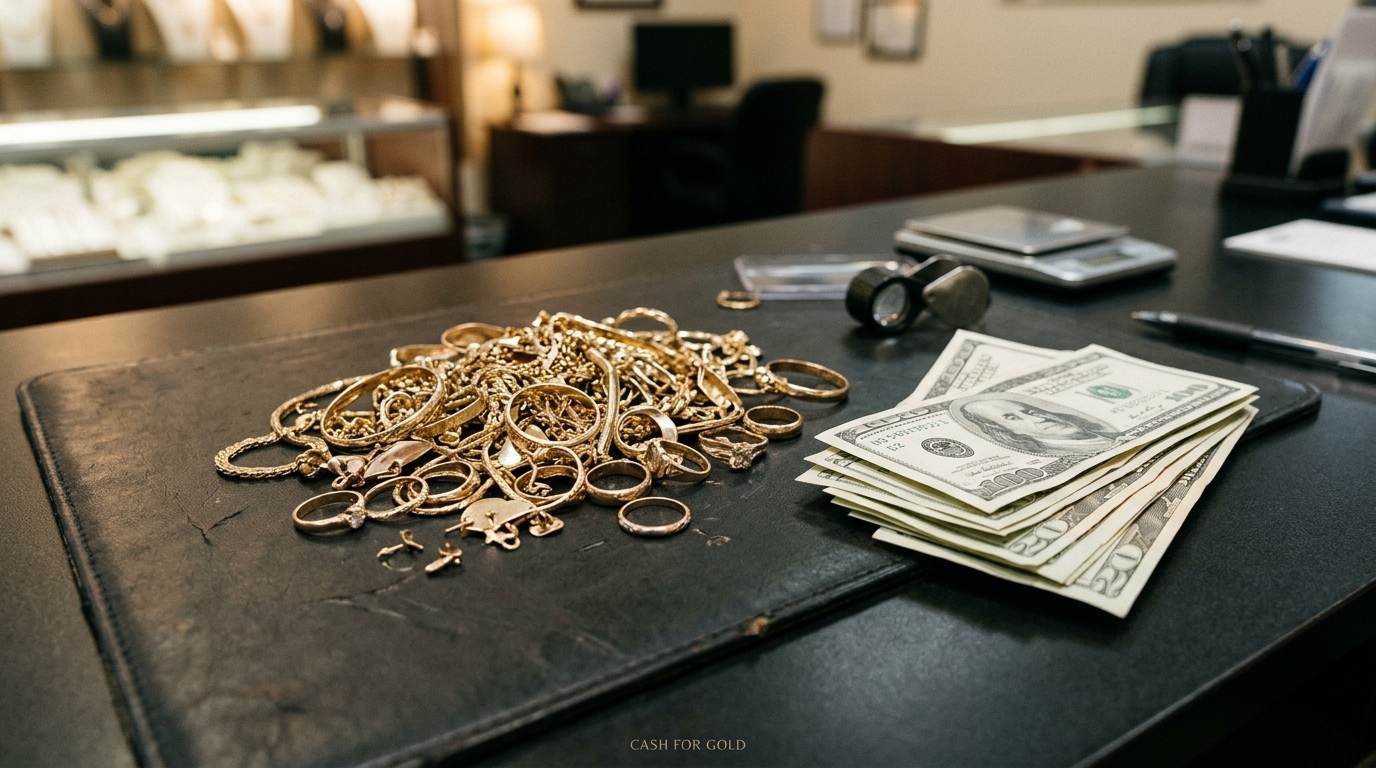 In-person gold evaluation at the Hillcroft Gold Buyers counter