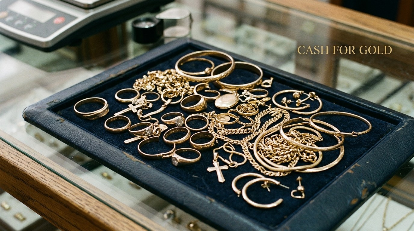 Gold jewelry beside a scale at Hillcroft Gold Buyers
